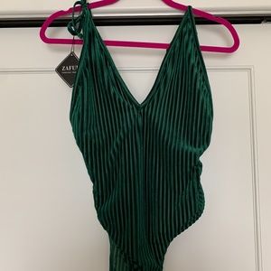 ZAFUL Velvet Ribbed Backless Swimsuit - Green